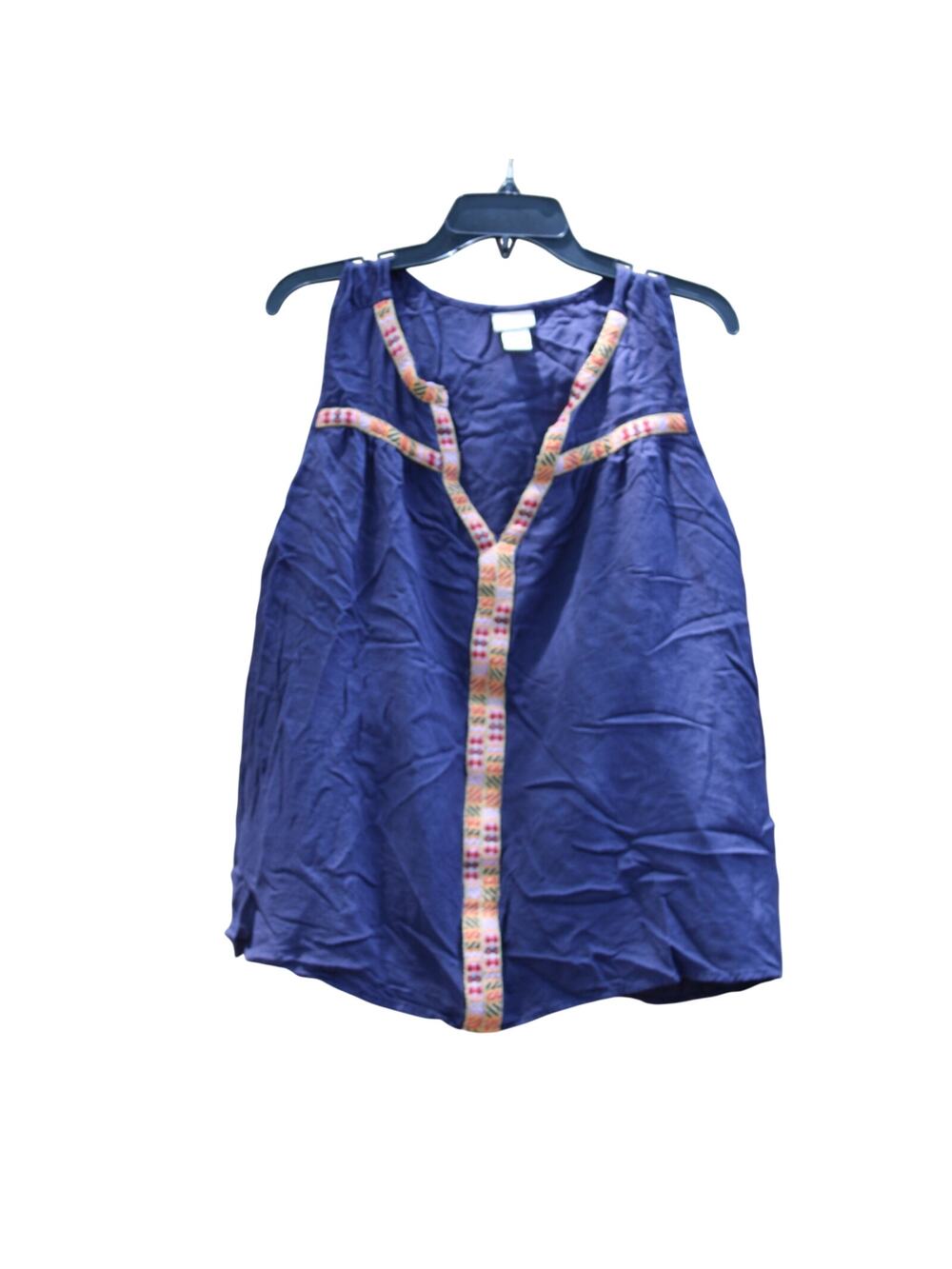 Daytrip Buckle Navy Blue Embroidered Boho V-Neck Sleeveless Top - Size Large